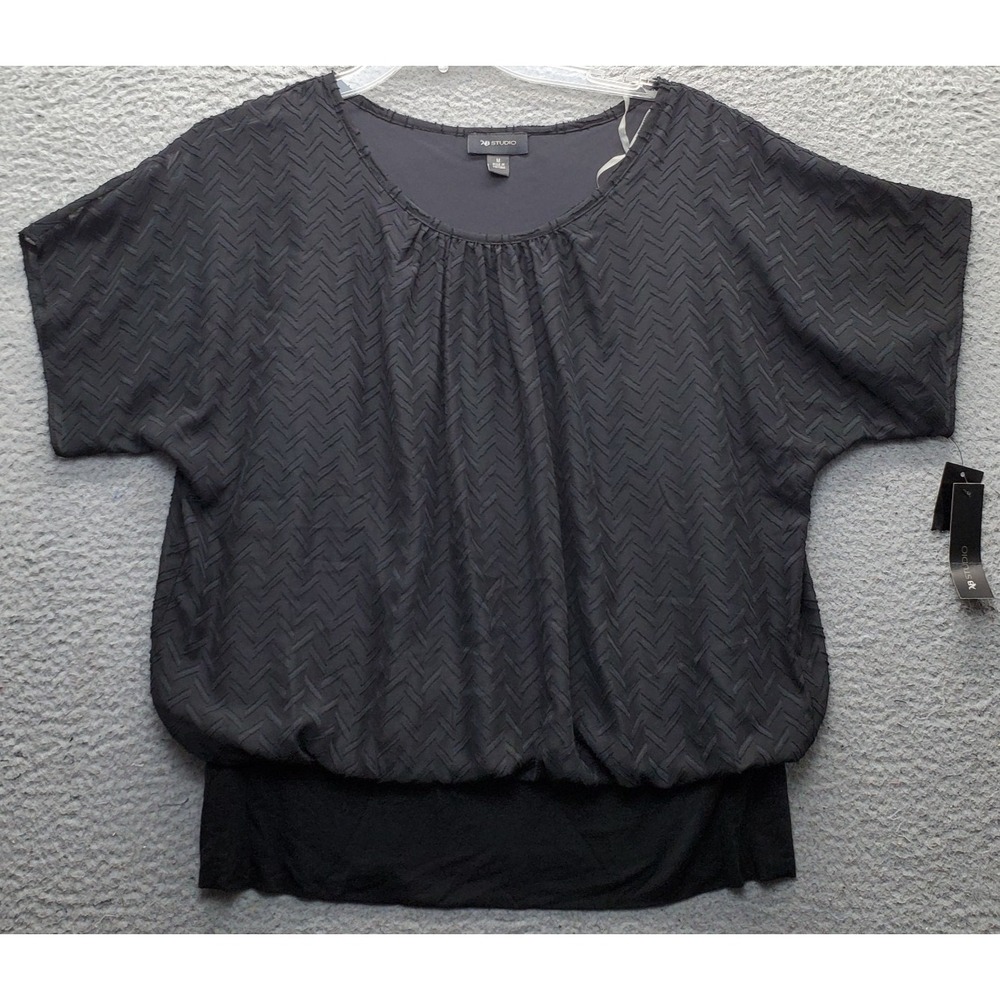 AB Studio Blouse Top Womens Medium Black Textured Chevron Short Sleeve Layered
